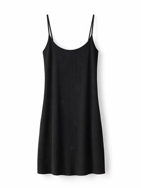 Divided Black Ribbed Mini Slip Dress with Double Spaghetti Straps